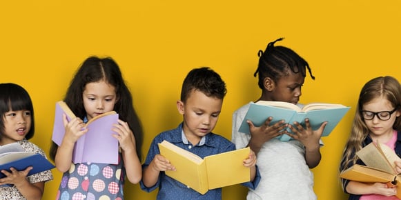 Five kids reading colorful books. 