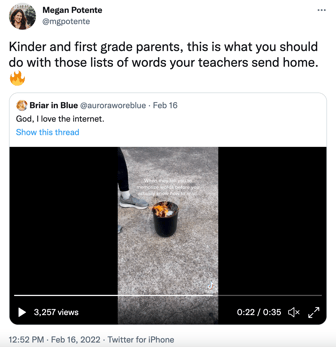 Twitter thread reposted by Megan Potente, Kinder and first grade parents, this is what you should do with those lists of words your teachers send home.