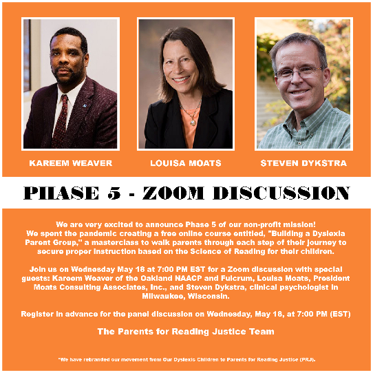 Panel discussion hosted by Kareem Weaver, Louisa Moats, and Steven Dykstra.