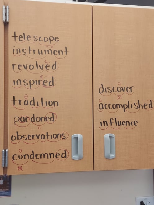 Cabinet with the following words written on it: telescope, instrument, revolved, inspired, tradition, pardoned, observations, condemned, discover, accomplished, and influence.