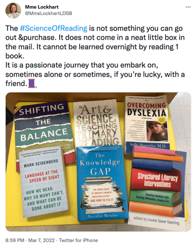 Twitter post by Mme Lockhart displaying six books. 