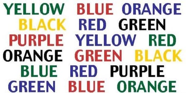 Tricky reading game, that displays a written color but is filled with a different color.