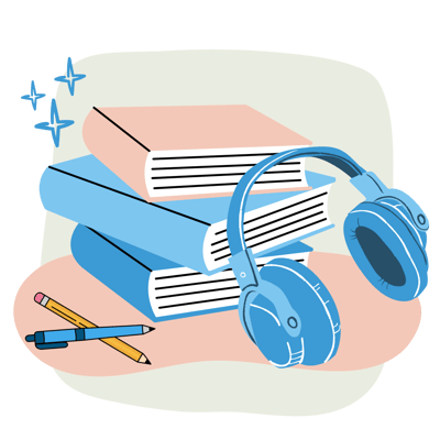 An illustration depicting headphones, a stack of 3 books, and a pen and pencil An illustration depicting headphones, a stack of 3 books, and a pen and pencil