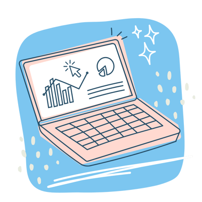 An illustration of a pink laptop with charts and graphs on the screen. An illustration of a pink laptop with charts and graphs on the screen.