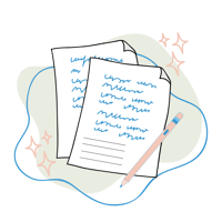 An illustration of a pencil and two papers with writing on them. An illustration of a pencil and two papers with writing on them.