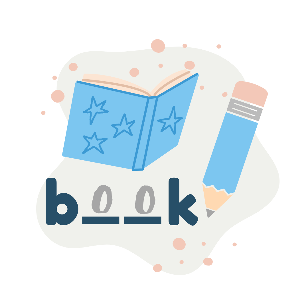 illustration of blue book with stars above a spelling of book and a pencil