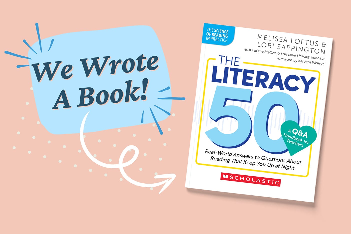 A pink and blue graphic with the book The Literacy 50 A pink and blue graphic with the book The Literacy 50