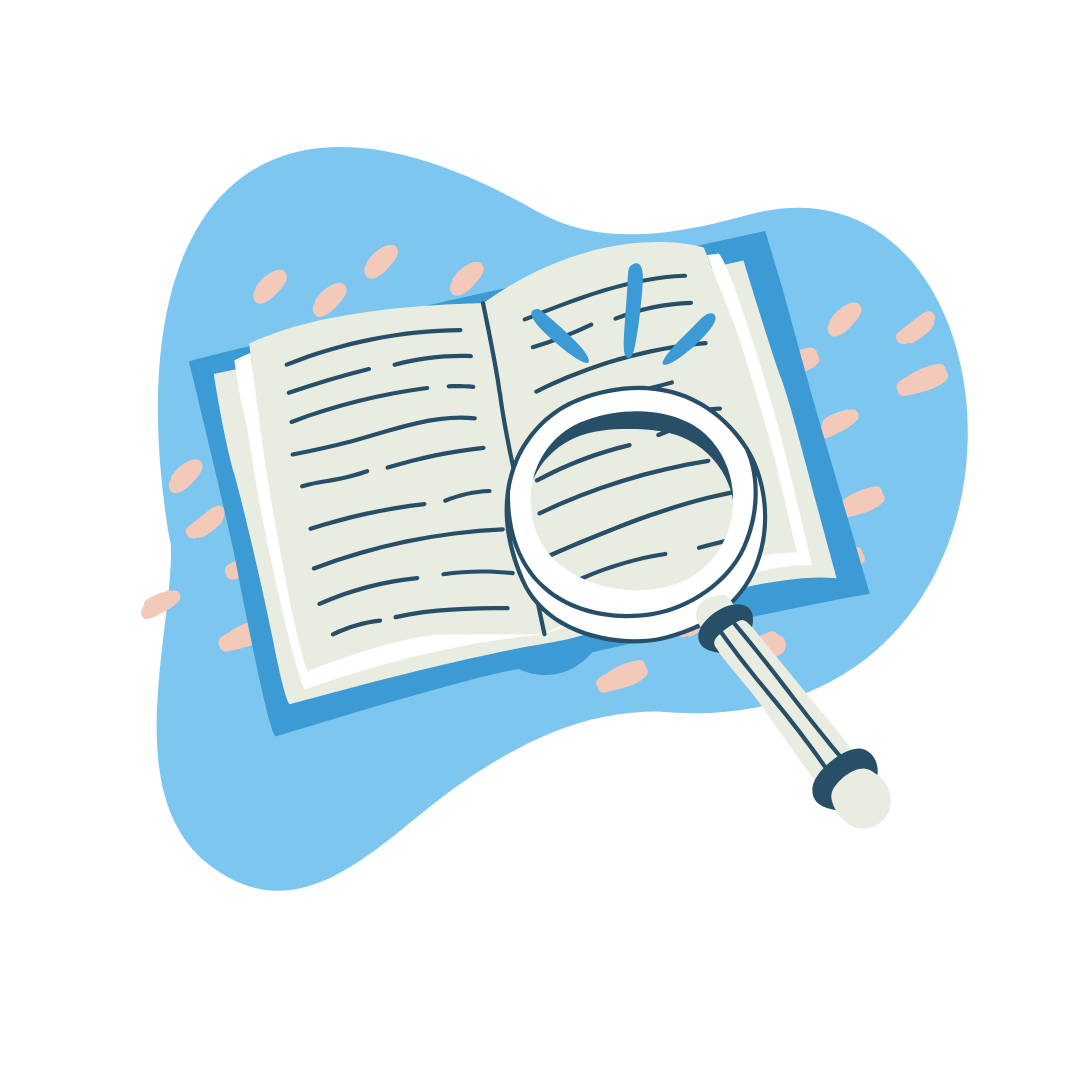 An illustration of an open book with a magnifying glass on the pages An illustration of an open book with a magnifying glass on the pages