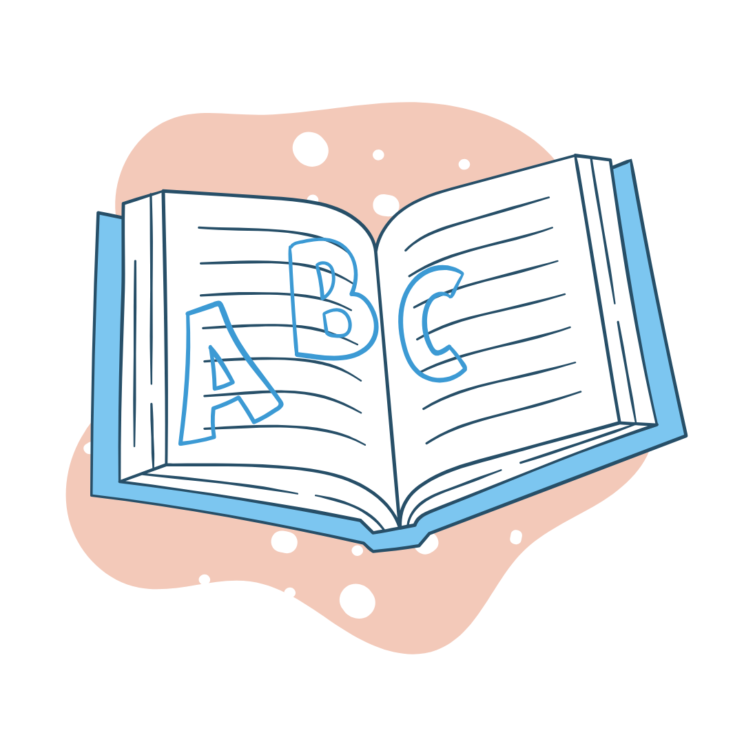 An illustration of an opened book with "ABC" across the pages An illustration of an opened book with "ABC" across the pages