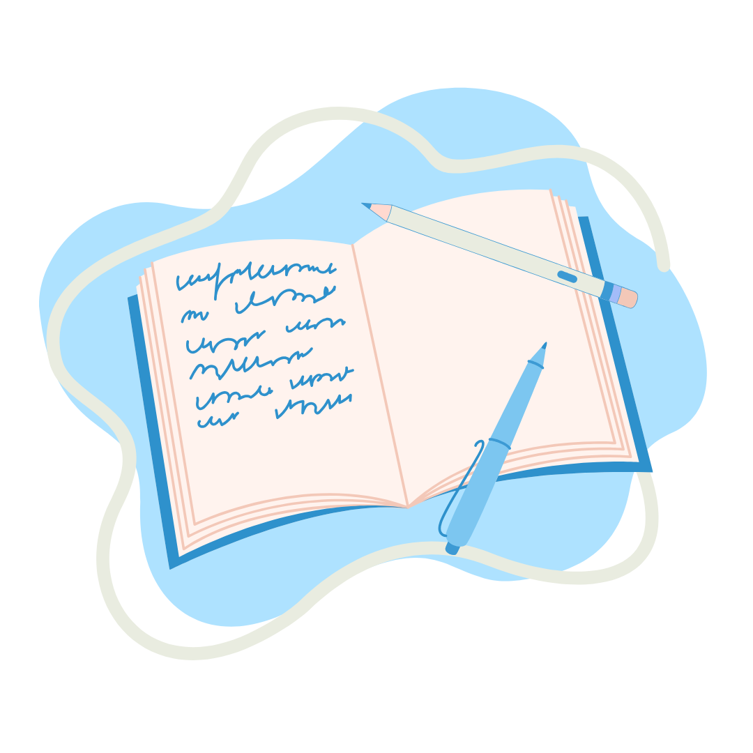 An illustration of an open book with a pen and pencil. There are scribbles on the page. An illustration of an open book with a pen and pencil. There are scribbles on the page.