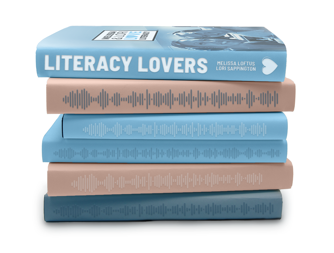 A stack of 6 blue and pink books with sound waves on the spines. The top book has "Literacy Lovers" on the spine with a picture of Melissa and Lori on the cover.